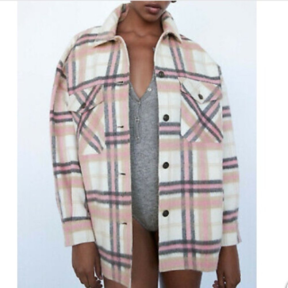 Zara Wool blend pink plaid shacket XS NWT